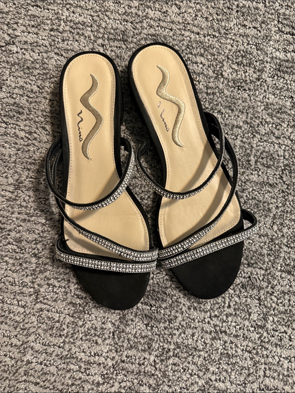 Nina Black Slide Sandals with Rhinestone Straps Size 7